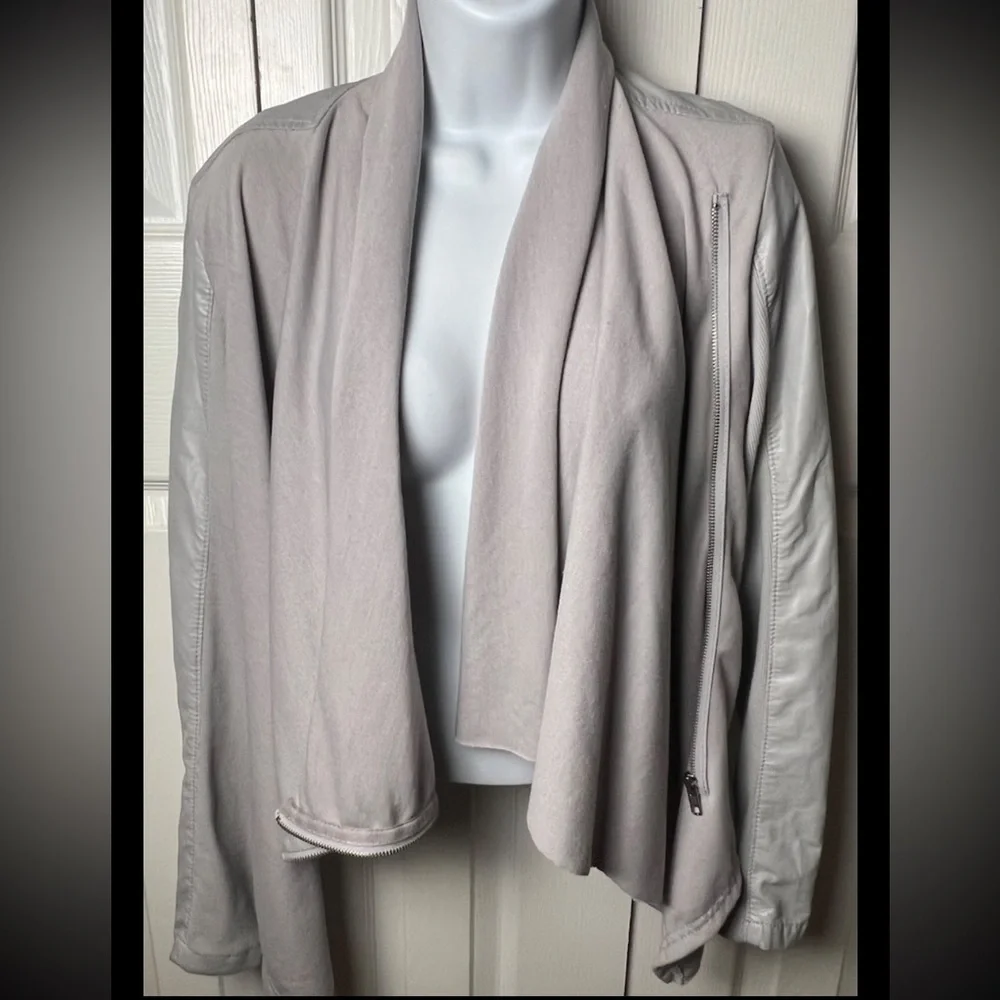 BL^NK NYC Gray Jacket Faux Leather Vegan Knit Moto Asymmetrical Zip Drapey